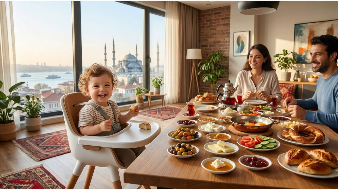 A happy baby eating breakfast after renting a high chair in Istanbul