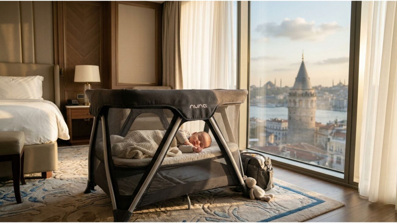 A baby sleeping peacefully after renting a travel cot in Istanbul
