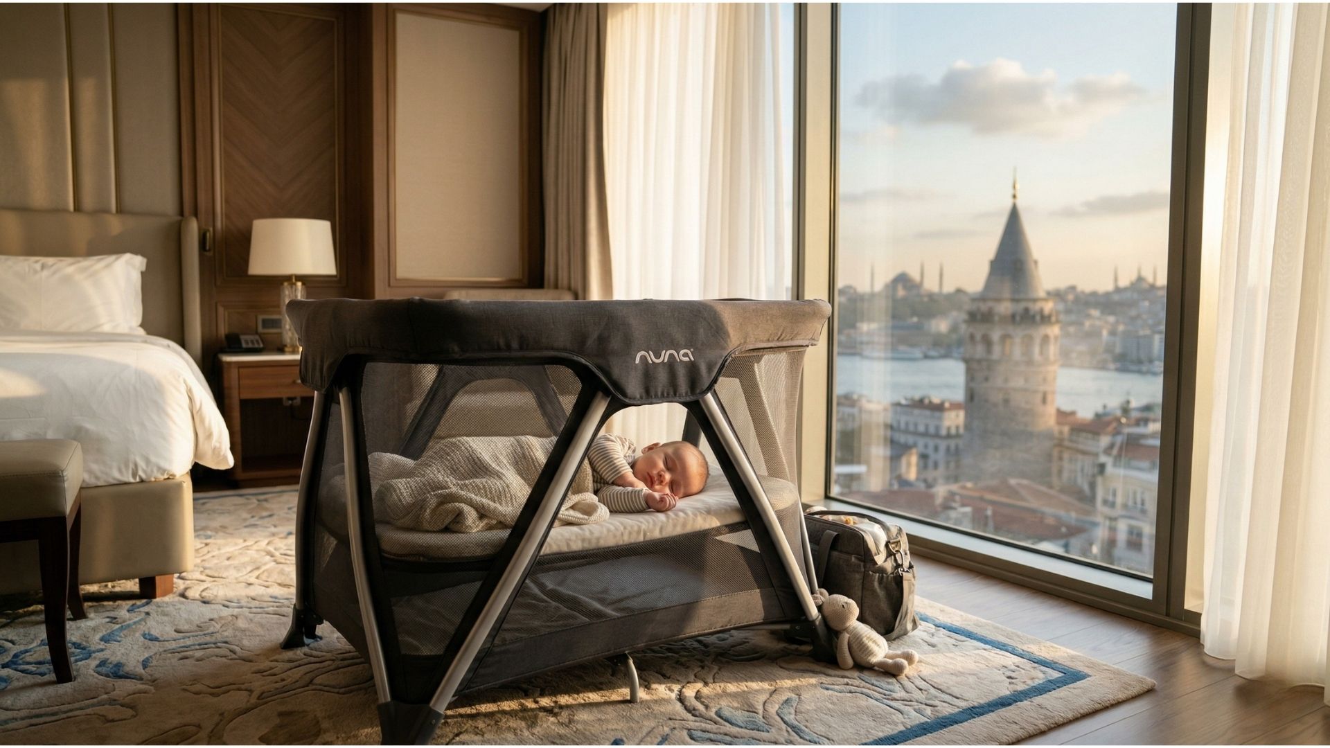 A baby sleeping peacefully after renting a travel cot in Istanbul
